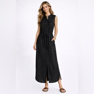 Vince Black Sleeveless Linen Blend Maxi Shirt Dress Drawstring Waist Size L